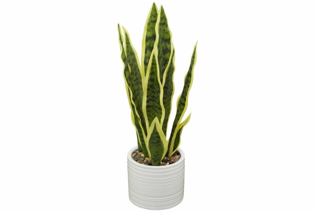 Artificial Plants | 17″ Green Variegated Faux Snake Plant Sanseveria In White Cylinder Pot W/ Stone Filler Artificial Plants Artificial Plants