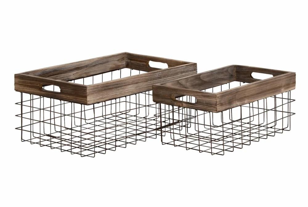 Baskets | Black 8 Inch Metal Wood Basket Set Of 2 Baskets Baskets