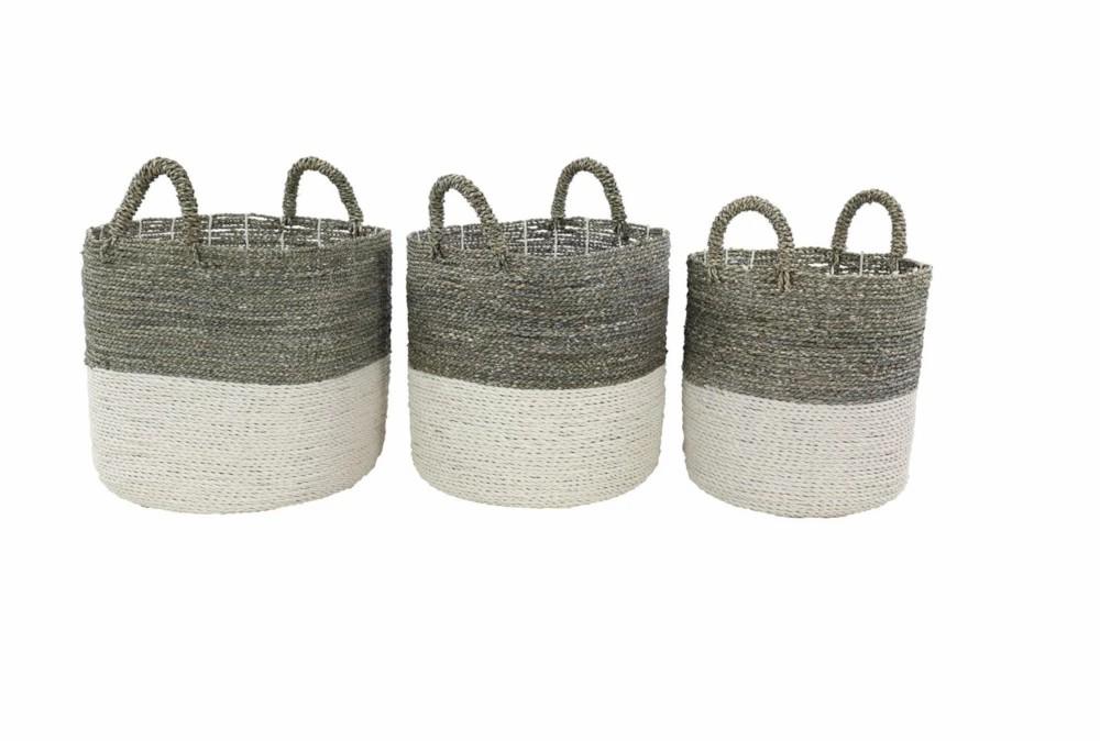 Baskets | Round Grey And White Seagrass Baskets Set Of 3 Baskets Baskets