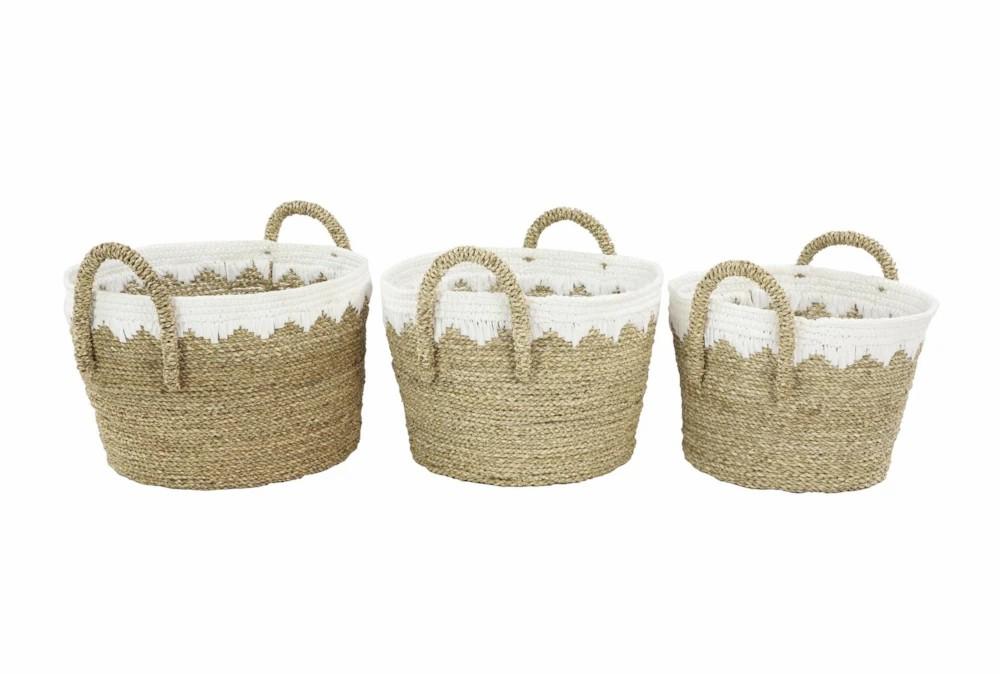 Baskets | Round White + Tan Wicker Basket Set Of 3 Baskets Baskets