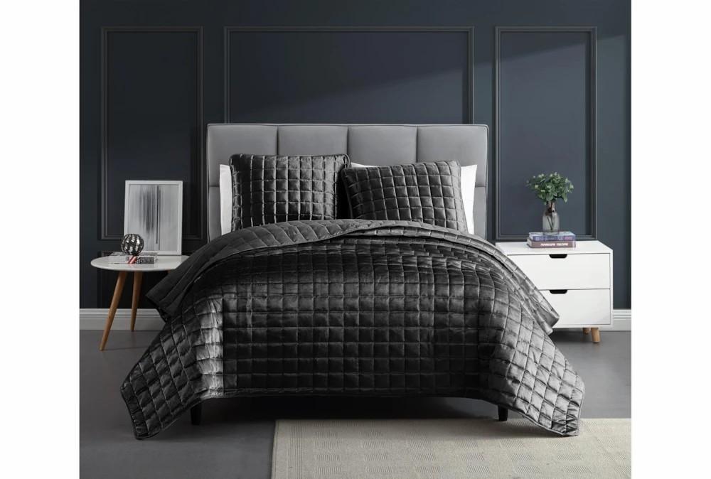 Bedding | Eastern King Quilt-3 Piece Set Velvet Squares Grey Decor