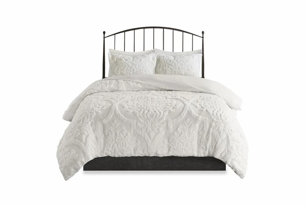 Bedding | Full/Queen Comforter-3 Piece Set Chenille Damask Print White Decor