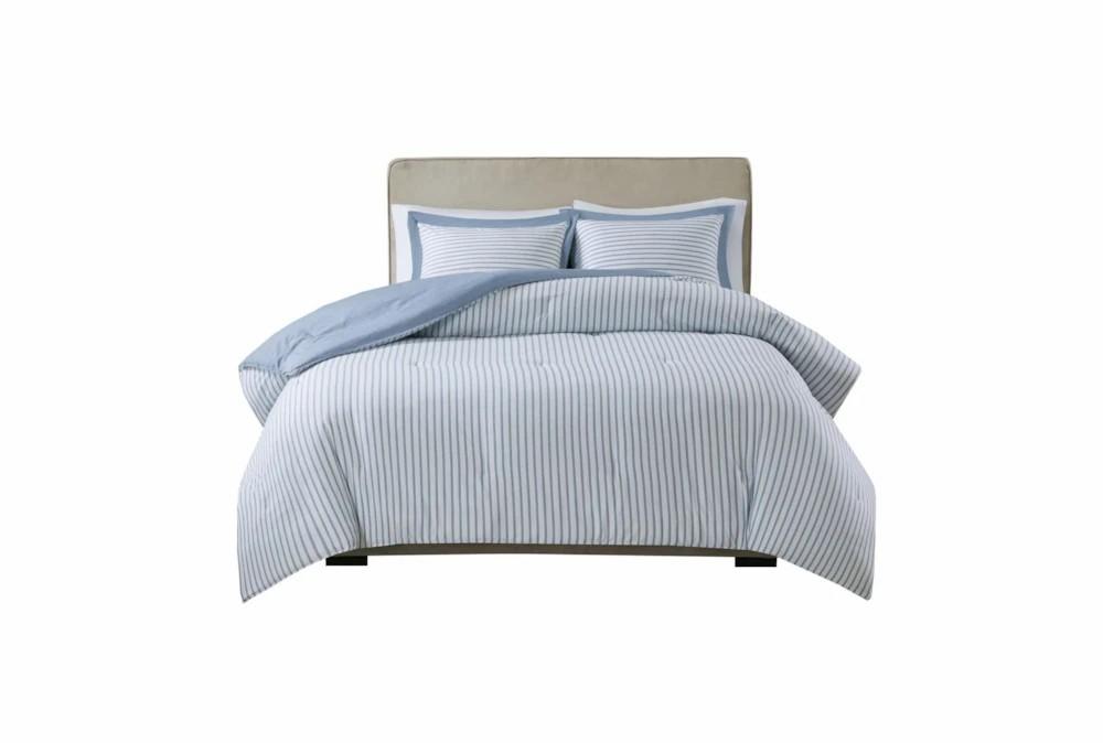 Bedding | Full/Queen Comforter-3 Piece Set Reversible Stripe Down Alternative Blue Decor