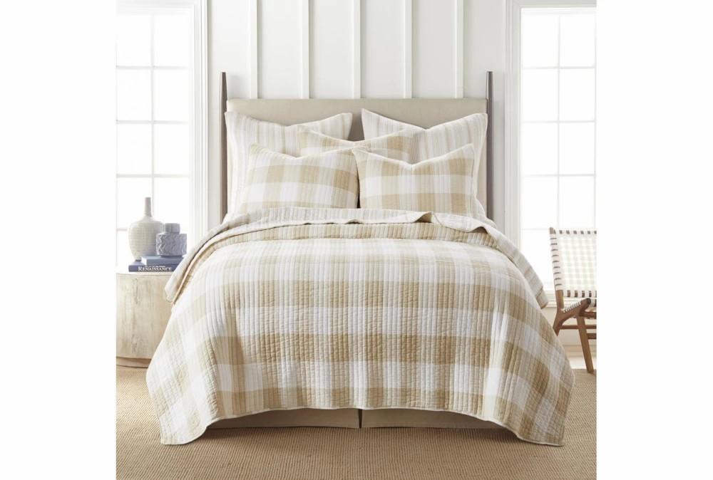 Bedding | Full/Queen Quilt-3 Piece Set Reversible Farmhouse Buffalo Plaid To Stripe Taupe Decor