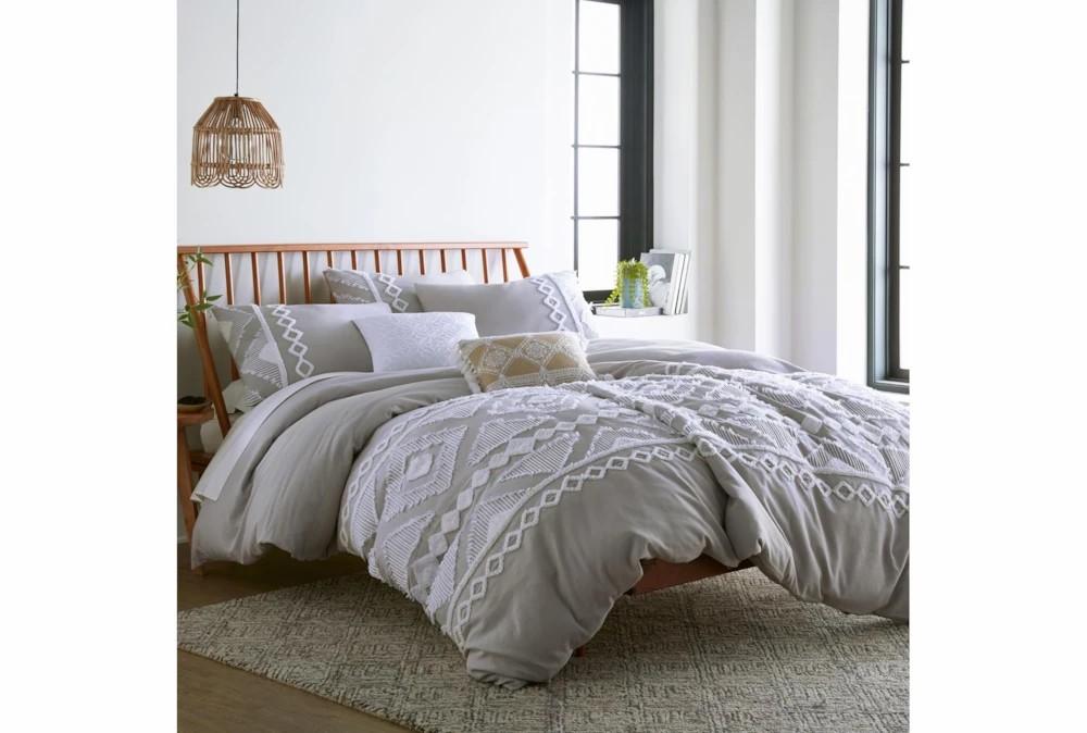 Bedding | King Comforter-3 Piece Set Tribal Jacquard In Tufted Chenille And Frayed Cotton Grey Decor