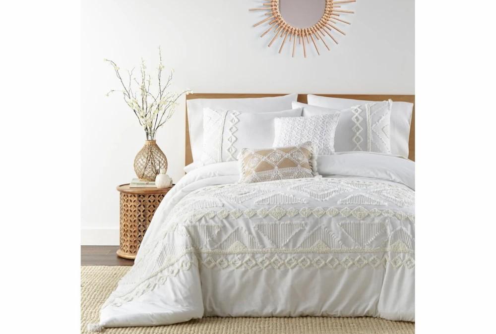 Bedding | King Comforter-3 Piece Set Tribal Jacquard In Tufted Chenille And Frayed Cotton White Decor