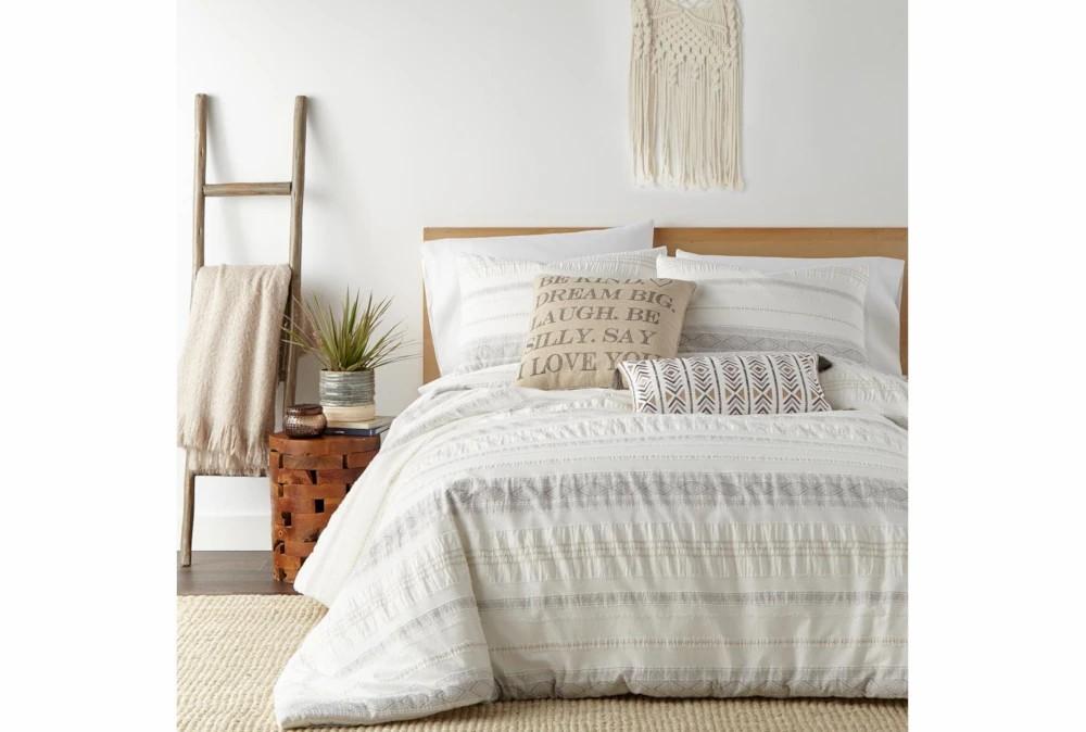 Bedding | King Comforter-3 Piece Set Tribal Woven Stripe & Ruching White/Grey Decor