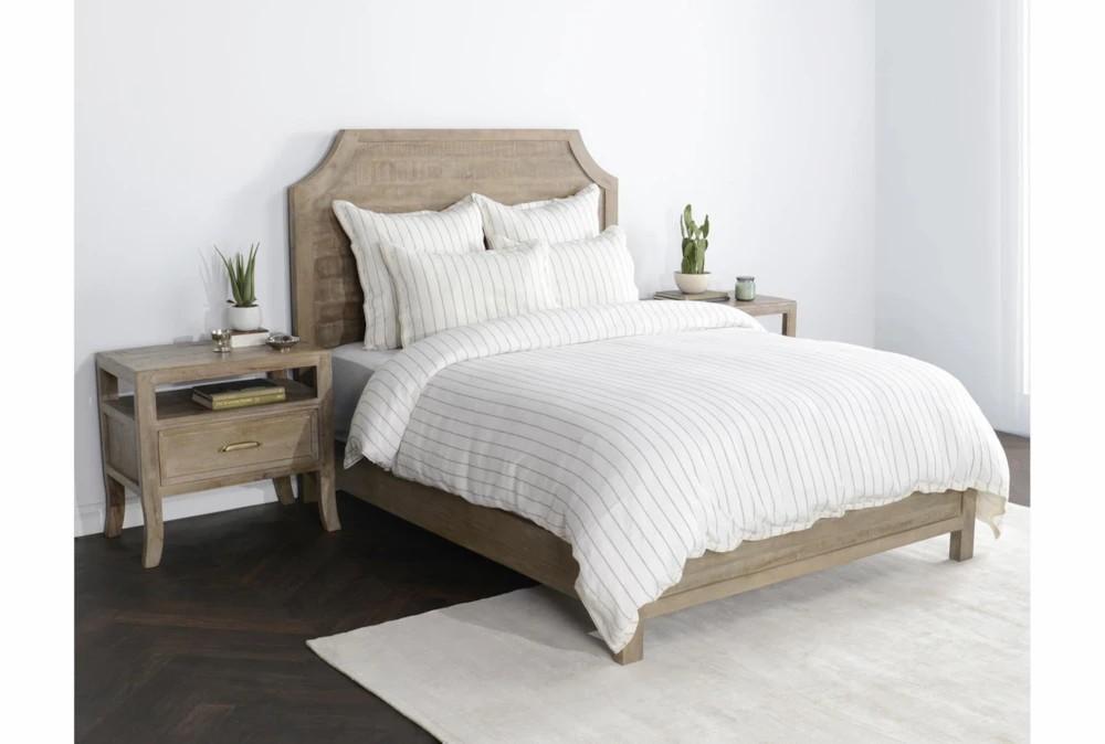 Bedding | Queen Duvet-3 Piece Set White With Neutral Stripes Belgain Flax Linen, 1 Quilt + 2 Standard Shams Decor