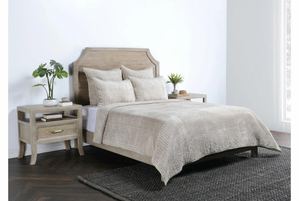 Bedding | Queen Quilt – 3 Piece Set Beige Rayon Velvet Front Cotton Back Quilted Hand Stitched, 1 Quilt + 2 Euro Shams Decor