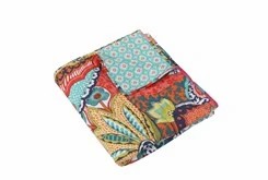 Bedding | Quilted Reversable Throw Colorful Design To Teal Medallions Decor