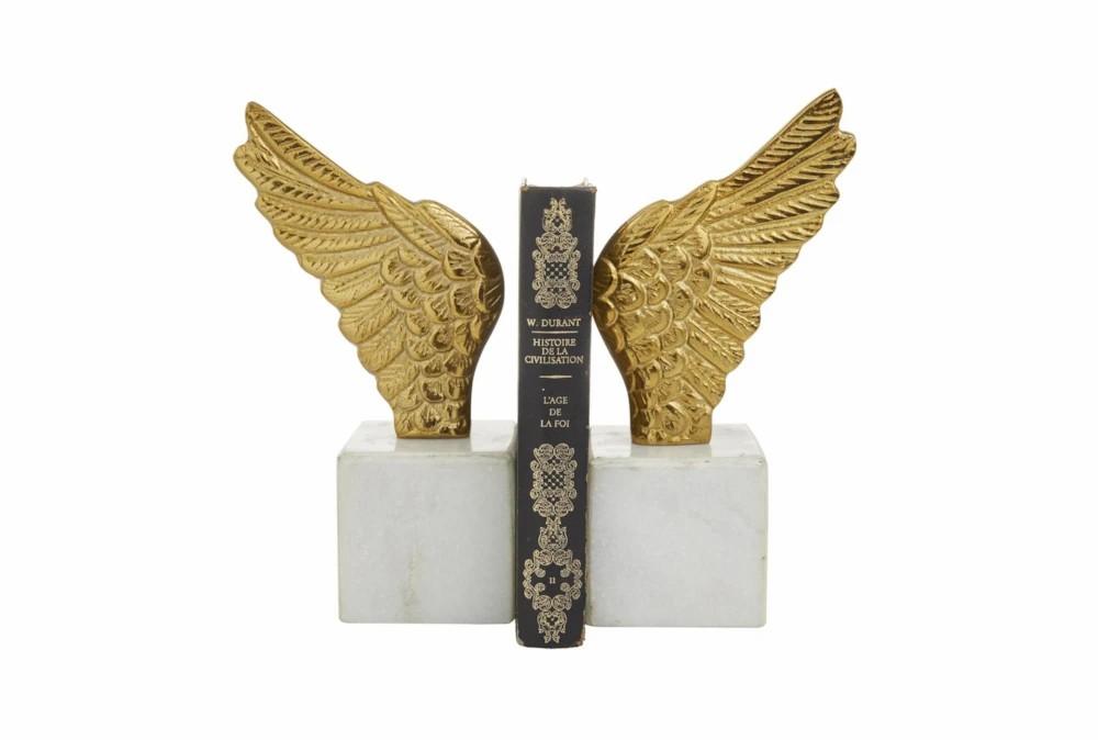 Bookends | 10″ Gold Metal + White Marble Split Wings Bookends Bookends Bookends