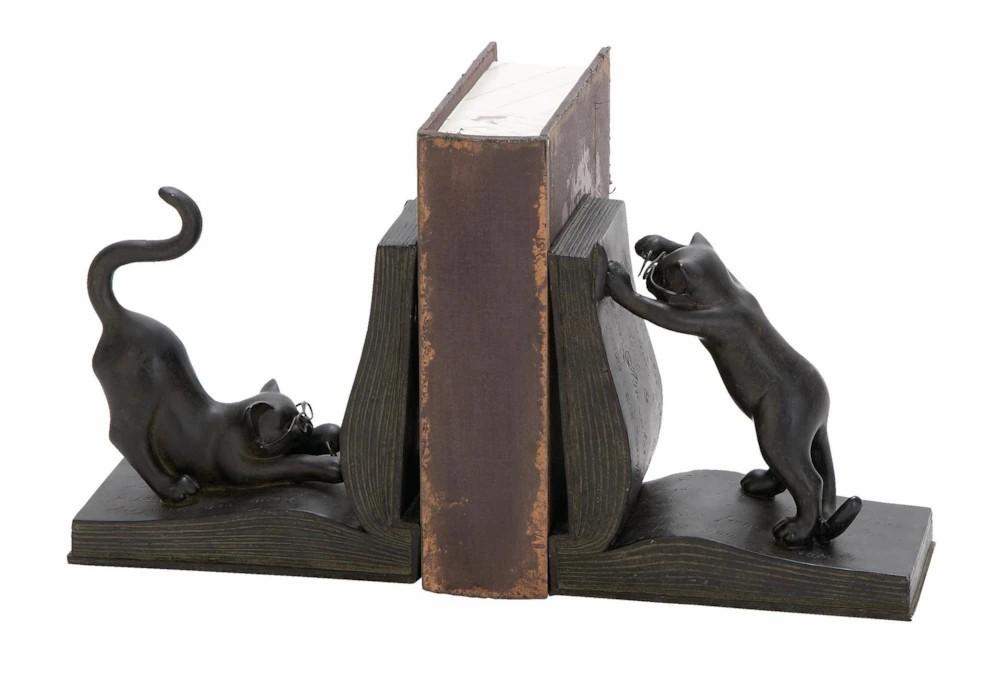 Bookends | 7″ Black Polystone Cat Reading Bookends Bookends Bookends