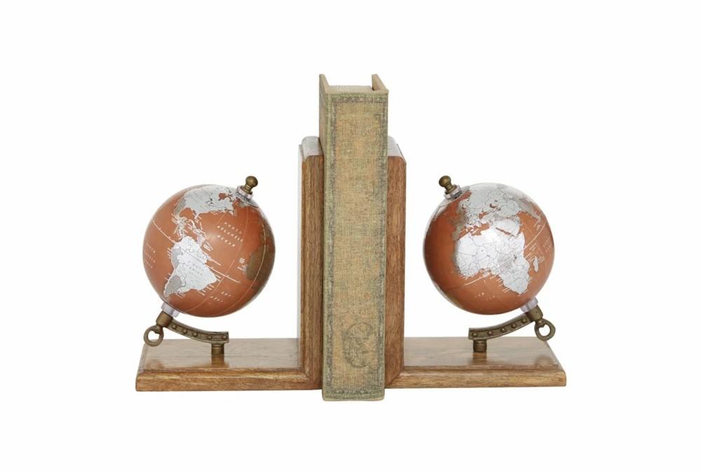 Bookends | 7″ Orange Silver Wood Globe Bookends Bookends Bookends