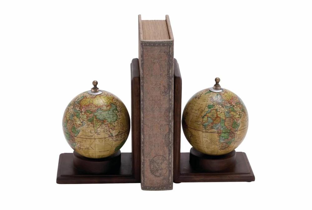 Bookends | 8 Inch Multi Wood & Metal Globe Bookend Set Of 2 Bookends Bookends