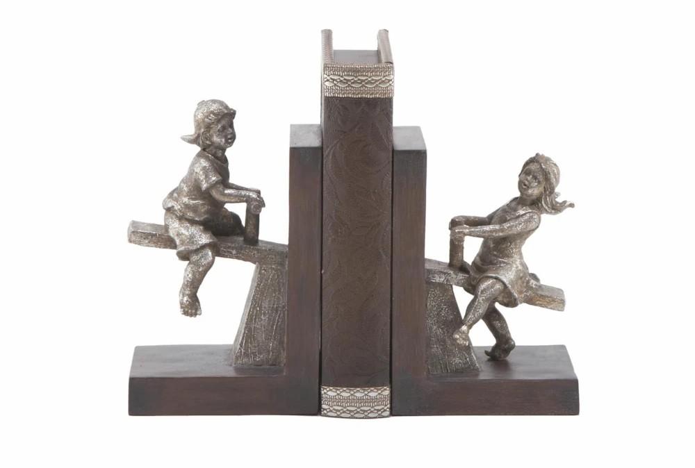 Bookends | 8″ Silver + Brown Polystone Split See-Saw Children Bookends Bookends Bookends