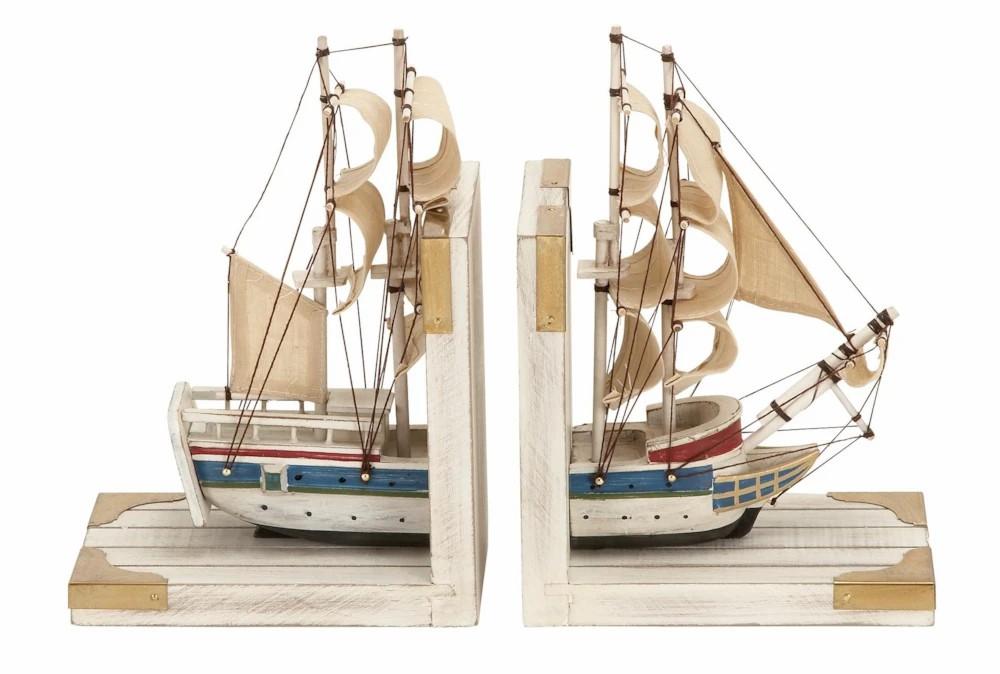 Bookends | 9 Inch White Wood Coastal Sail Boat Bookends Set Of 2 Bookends Bookends