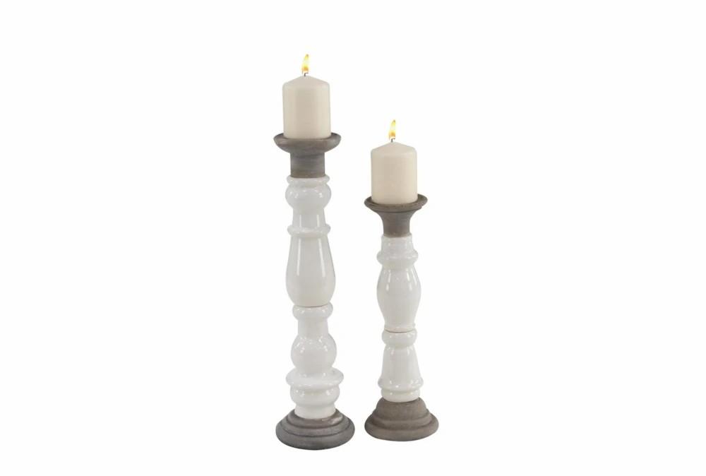 Candle Holders | 16 & 20 Inch White Stoneware Turned Pillar Candle Holder- Set Of 2 Candle Holders Candle Holders