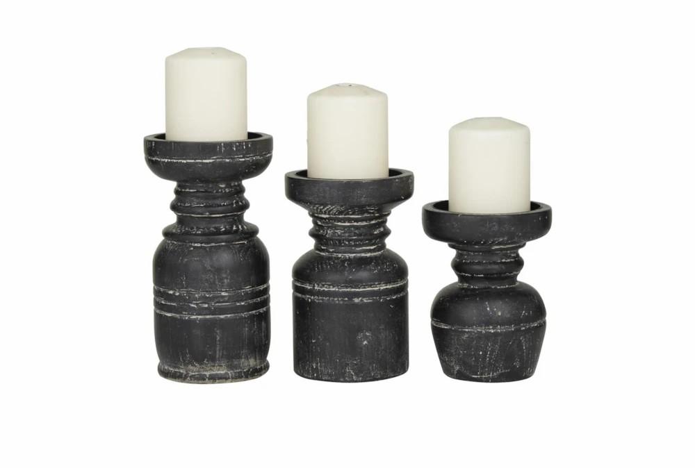 Candle Holders | Black Distressed Turned Wood Pillar Candle Holders Set Of 3 Candle Holders Candle Holders