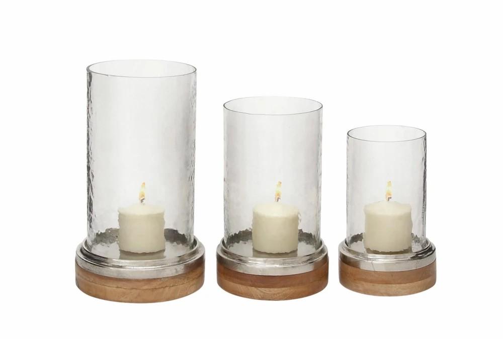 Candle Holders | Clear 13 Inch Glass Metal Wood Hurricane Candle Holder Set Of 3 Candle Holders Candle Holders