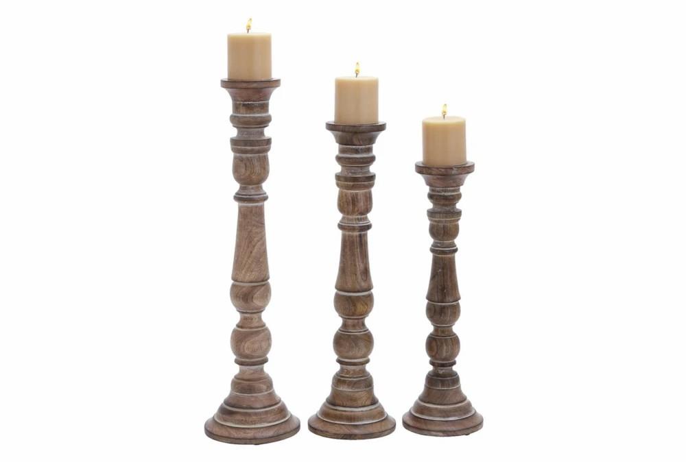 Candle Holders | Whitewashed Brown Wooden Candle Holders Set Of 3 Candle Holders Candle Holders