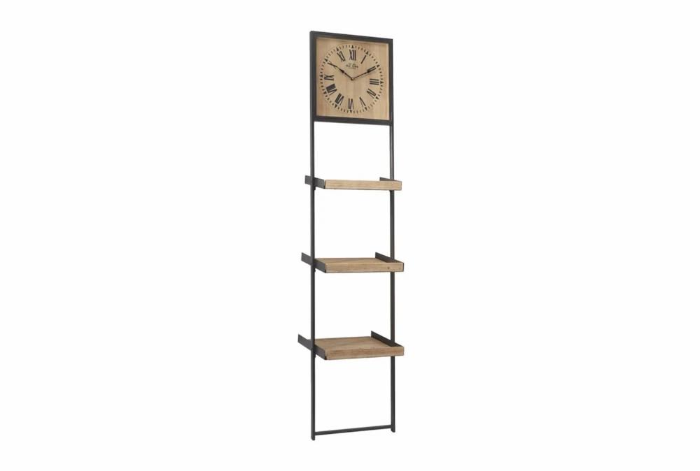 Clocks | 16X72 Brown Wood + Black Metal 3 Tier Leaning Wall Shelf With Clock Clocks Clocks