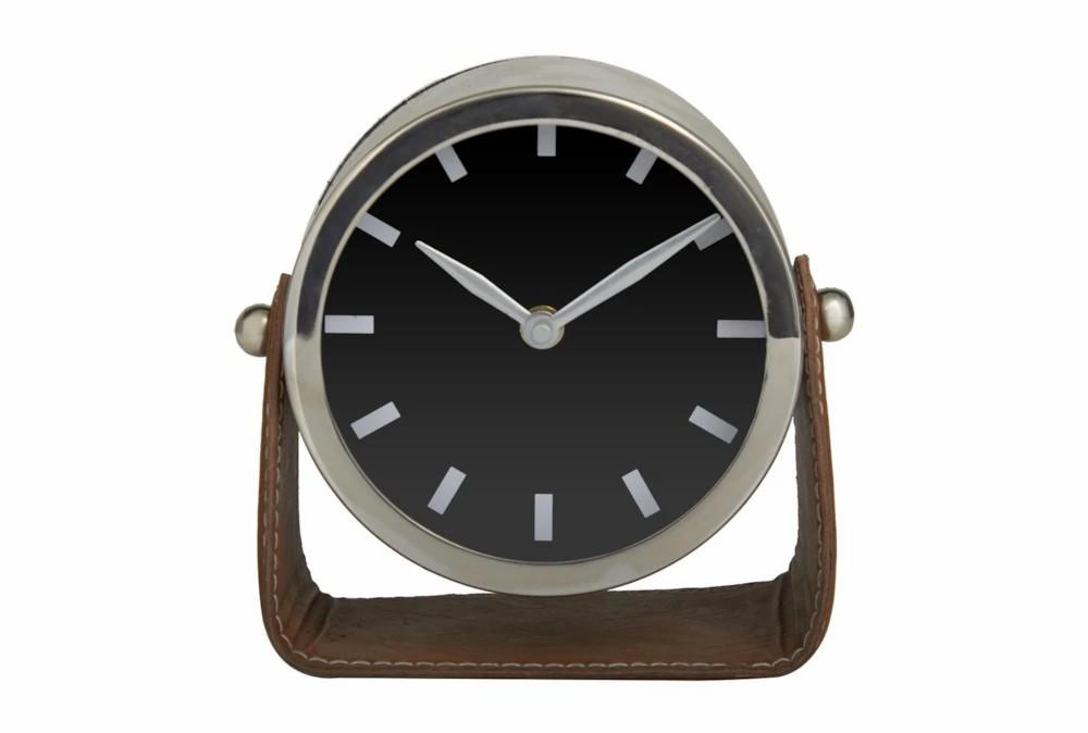 Clocks | 6″ Silver Stainless Steel + Leather Detail Round Clock Clocks Clocks