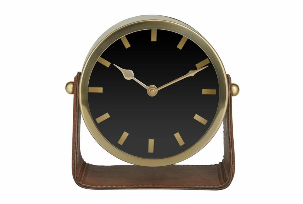 Clocks | 7″ Gold Metal + Leather Detail Round Clock Clocks Clocks