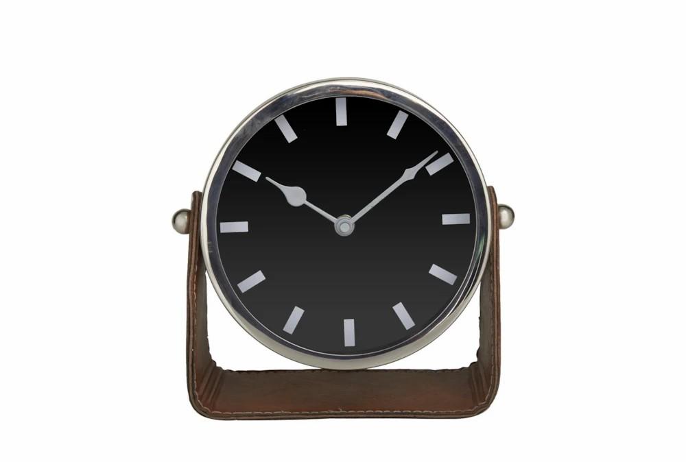 Clocks | 7″ Silver Stainless Steel + Leather Detail Round Clock Clocks Clocks