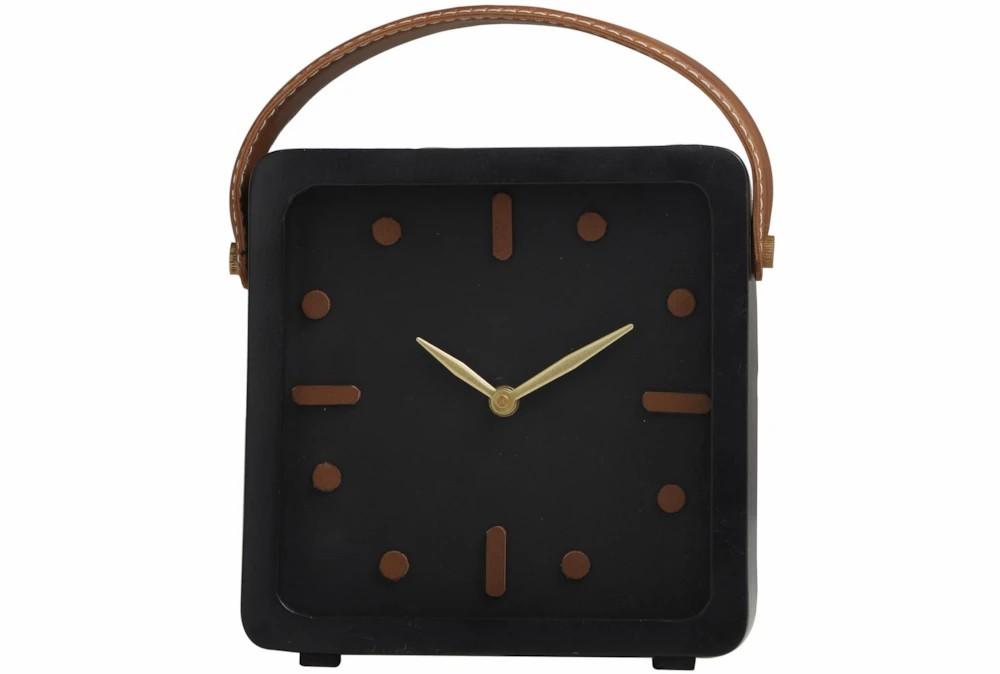 Clocks | 9.5″ Black Metal + Leather Detail Square Minimalist Clock Clocks Clocks