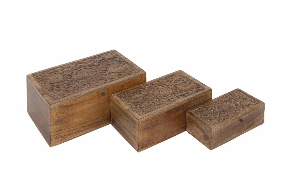 Decorative Boxes | 6 Inch Brown Wood Box Floral Carvings Set Of 3 Decor Decorative Boxes