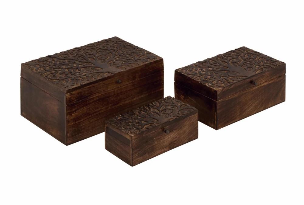 Decorative Boxes | Brown 6 Inch Wood Carved Box Set Of 3 Decor Decorative Boxes