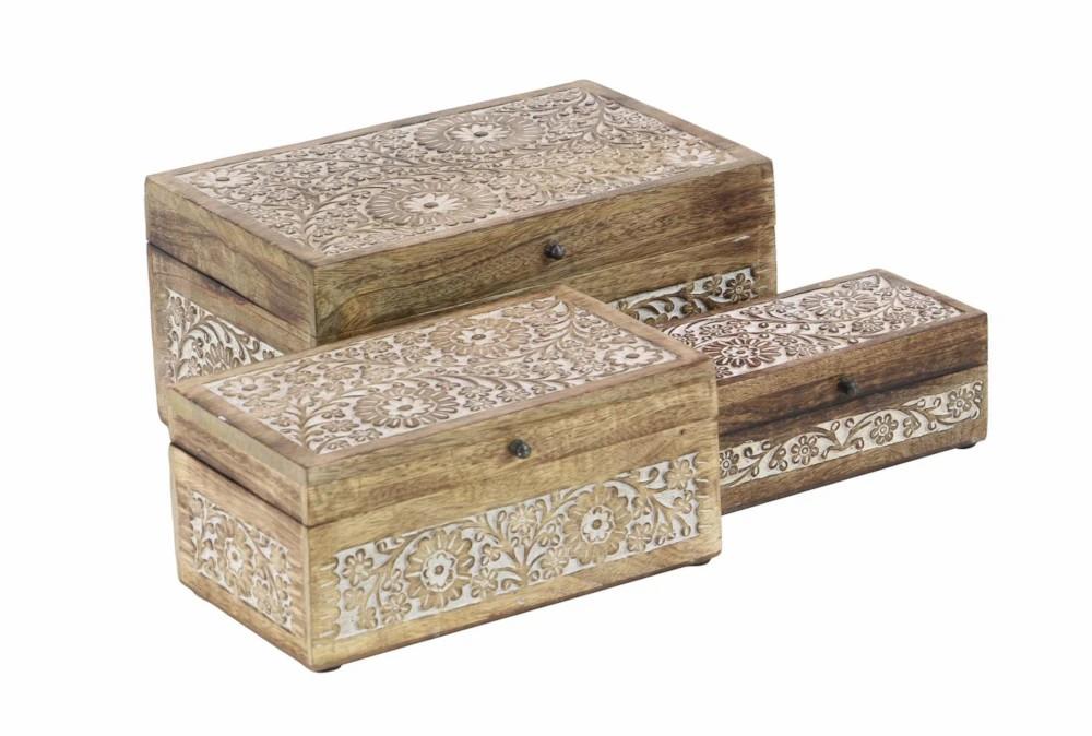 Decorative Boxes | Set Of 3 Wood Carved Box Decor Decorative Boxes