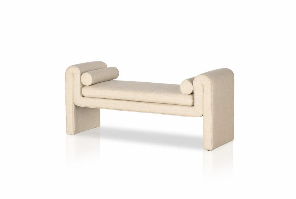 Elements | Cream Performance Fabric Folded Style Upholstered Bench With Bolster Pillows Decor Elements