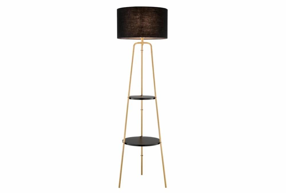 Floor Lamps | 62 Inch Gold Metal + Black Shade Tripod Plant Stand Floor Lamp With 2 Tier Table Decor Floor Lamps