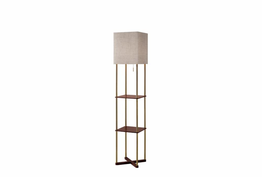 Floor Lamps | 63″ Antique Brass + Walnut Wood 2 Tier Shelf Floor Lamp With Usb Decor Floor Lamps