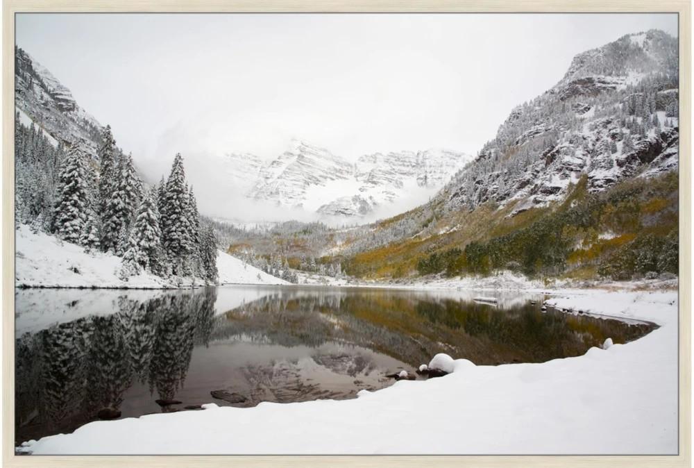 Framed Canvas Art | 56X38 Snow Covered Lake With Birch Frame Decor Framed Canvas Art