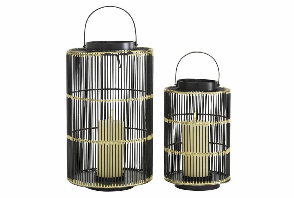 Lanterns | 11 & 16 Inch Black + Gold Metal Wire Lantern-Set Of 2 Candle Holders Lanterns