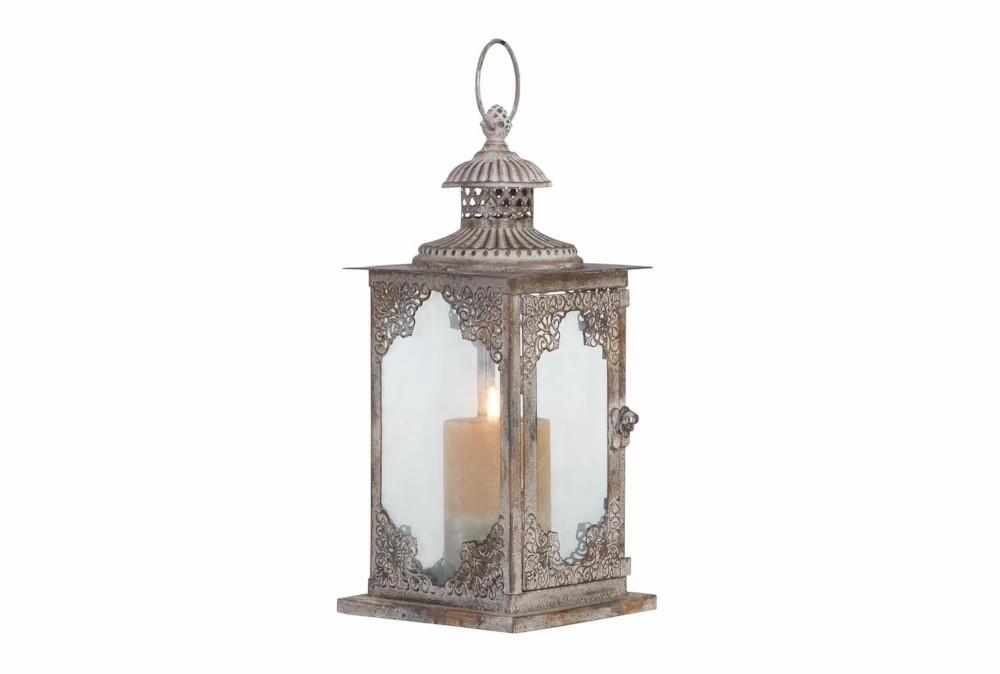 Lanterns | 13 Inch Antiqued Metal + Glass Lantern Decor Lanterns