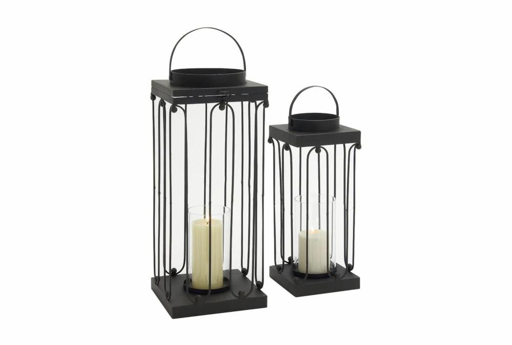 Lanterns | 24 Inch Black Metal Glass Candle Lantern Set Of 2 Candle Holders Lanterns