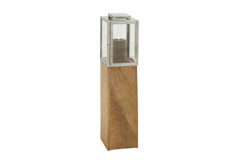 Lanterns | 36 Inch Wood And Silver Metal Lantern Decor Lanterns