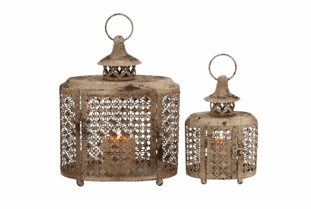 Lanterns | Beige 12 Inch Metal Candle Lantern Set Of 2 Decor Lanterns