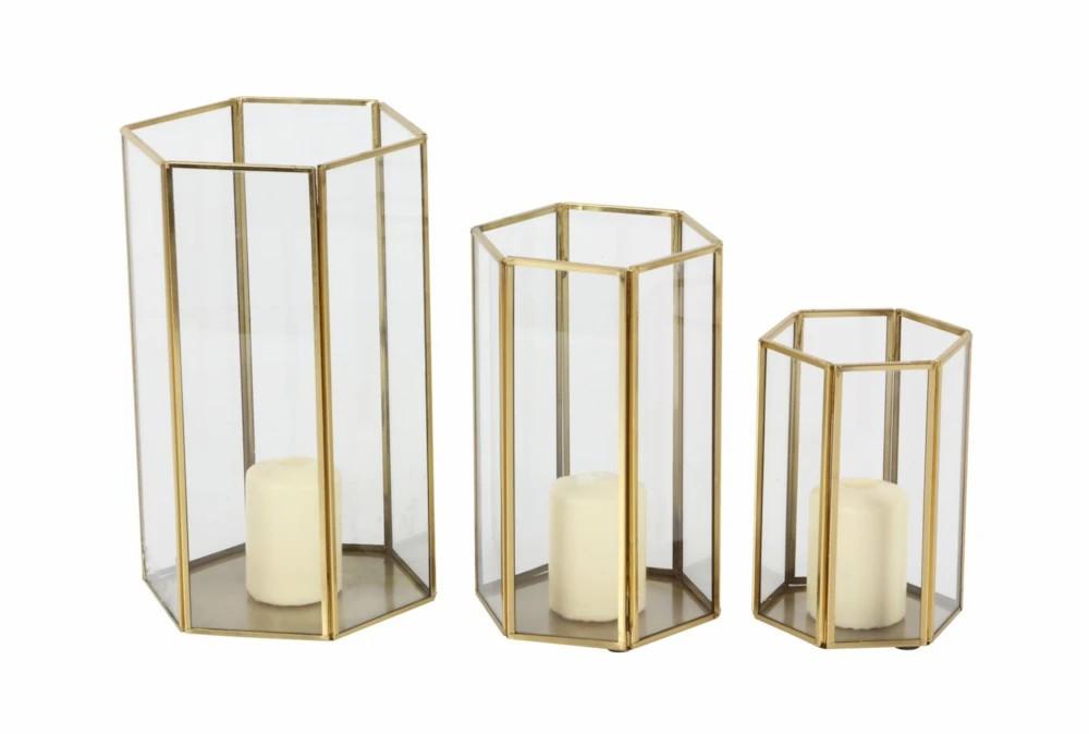 Lanterns | Gold Metal And Glass Hexagon Lanterns-Set Of 3 Candle Holders Lanterns