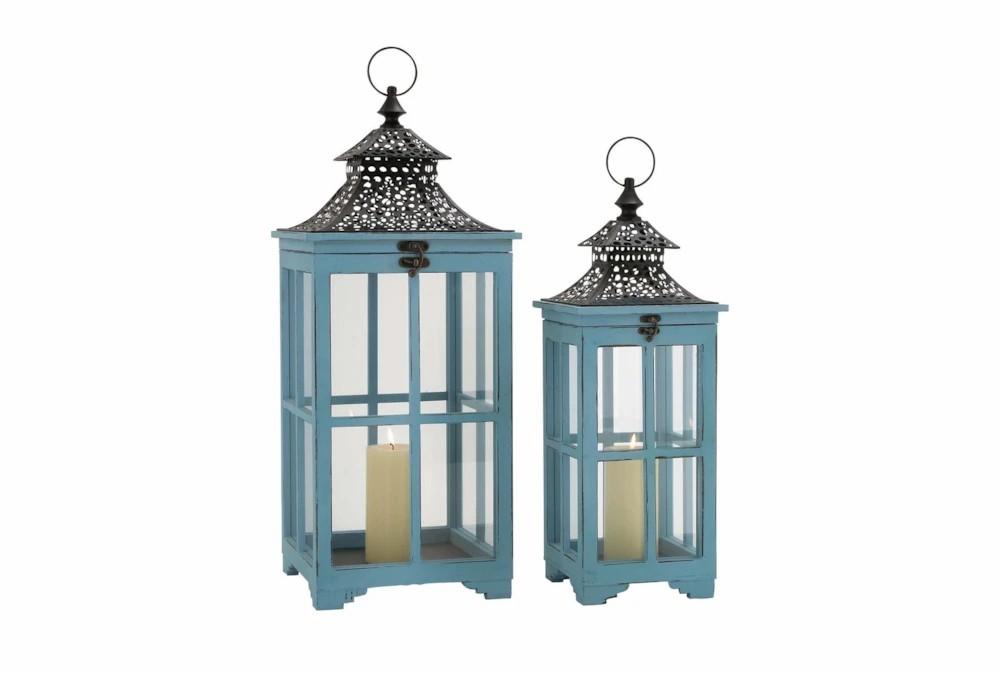 Lanterns | Turquoise Wood Lantern Set Of 2 Decor Lanterns