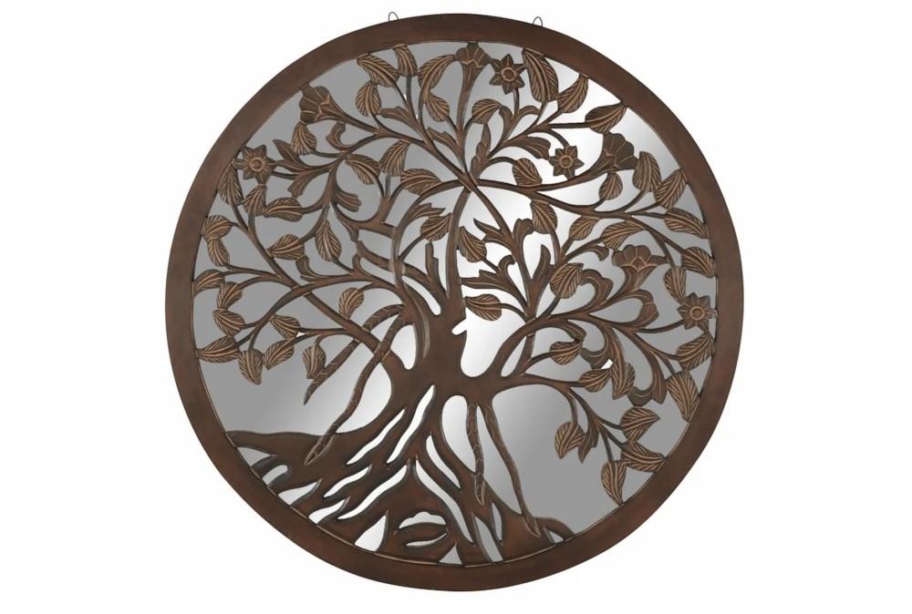 Mirrors | 53X53 Brown Wood Carved Tree Relief Round Mirror Wall Décor Decor Mirrors