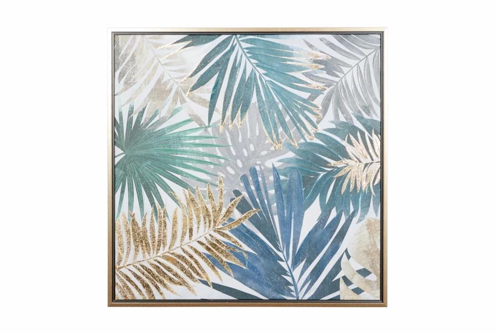 Paintings | 32X32 Inch Blue + Gold Tropical Leaves Canvas Wall Art Decor Paintings