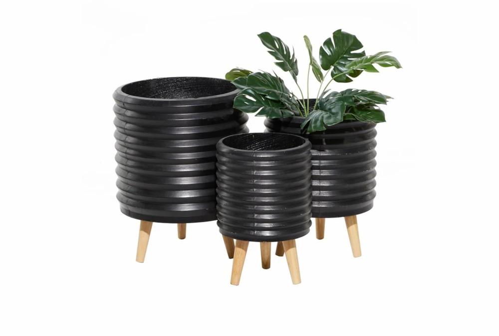 Planters | 3 Leg Black Wood Planter Set Of 3 Decor Planters