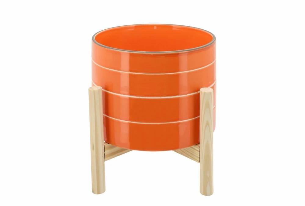 Planters | 8 Inch Orange Striped Planter W/ Wood Stand Decor Planters