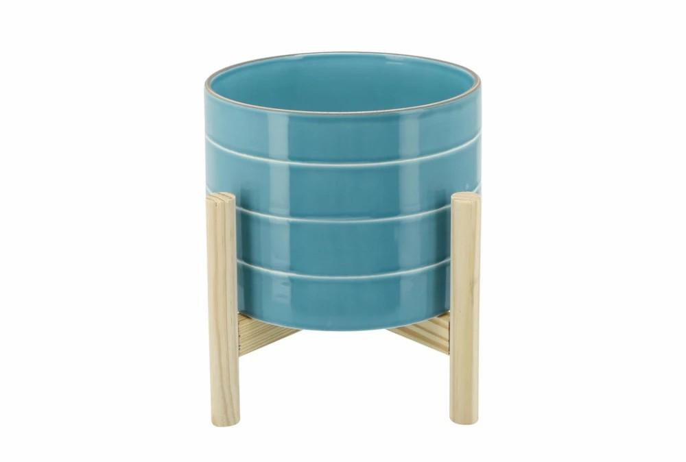 Planters | 8 Inch Skyblue Striped Planter W/ Wood Stand Decor Planters