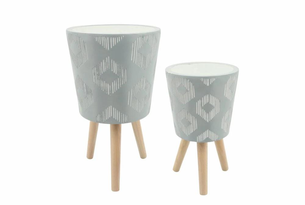 Planters | Diamond Pattern Resin Planter W/ Wood Legs Gray Set Of 2 Decor Planters