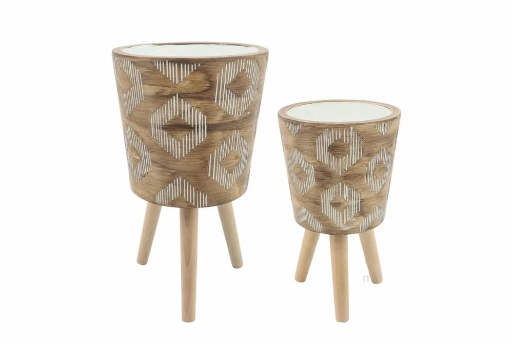 Planters | Diamond Pattern Resin Planter With Wood Legs Brown Set Of 2 Decor Planters